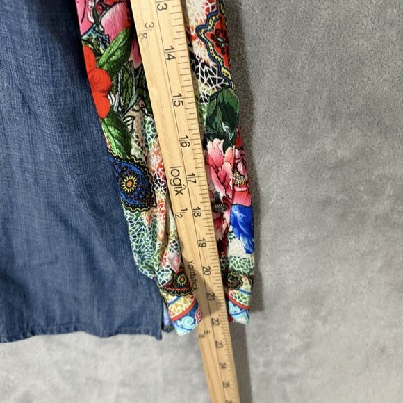 John Mark Top PM Petite Mixed Media Floral Long Sleeve M Boho Roll Tab Sleeve - Picture 5 of 8